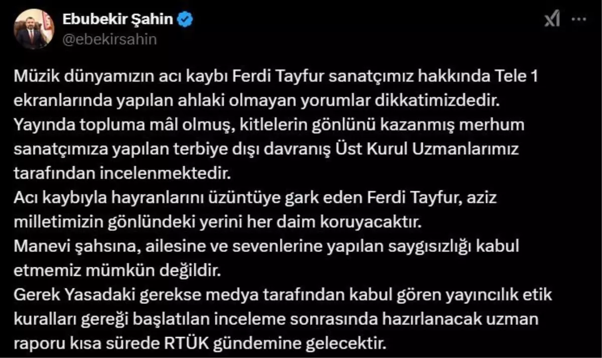 RTÜK’ten Ferdi Tayfur Yorumuna İnceleme